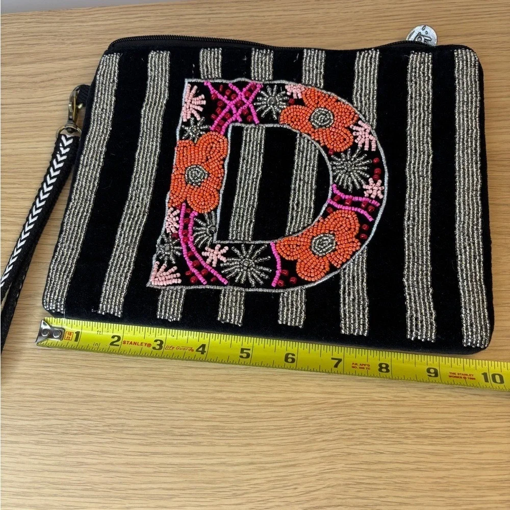 America & Beyond Beaded Initial D‎ Wristlet Clutch Black Velvet Floral Striped